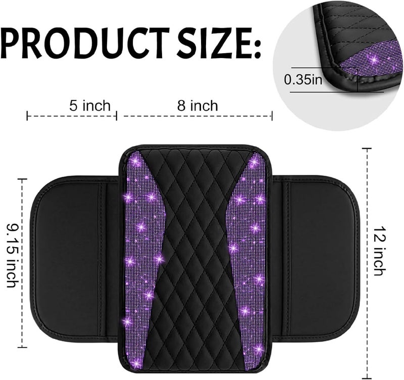 NBTEPEM Bling Purple Car Center Console Cover, Leather Middle Console Cover with 2 Storage Bags, Universal Arm Rest Cover, Bling Car Accessories Interior Fit for Most Vehicles, Purple Diamond - Image 2